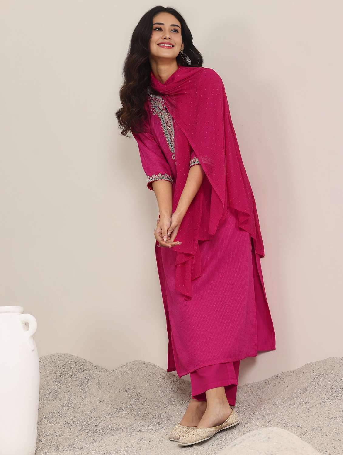 women solid with work three quarter sleeve kurta pant with dupatta set