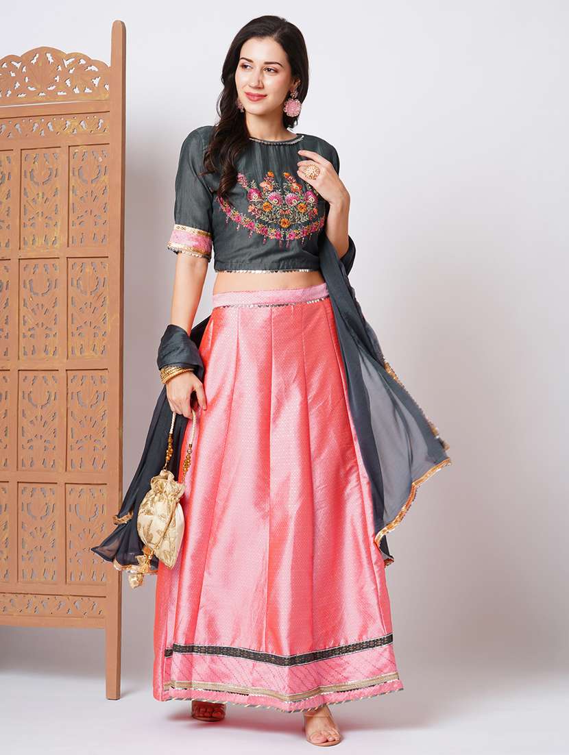 women self design embroidered flared semi-stitched lehenga choli with dupatta set