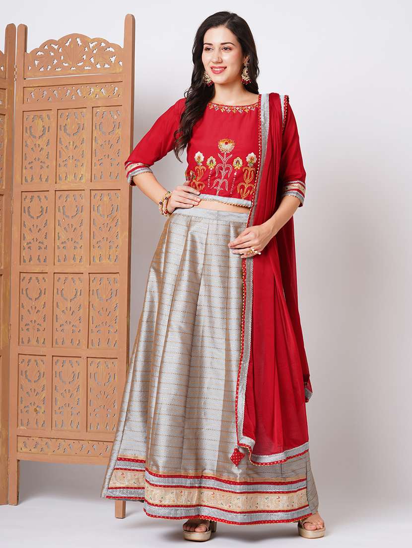 women self design embroidered flared semi-stitched lehenga choli with dupatta set