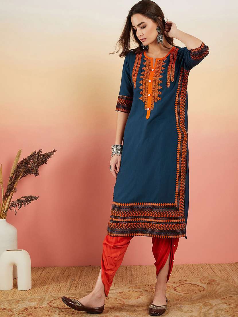 women solid with work three quarter sleeve straight kurta