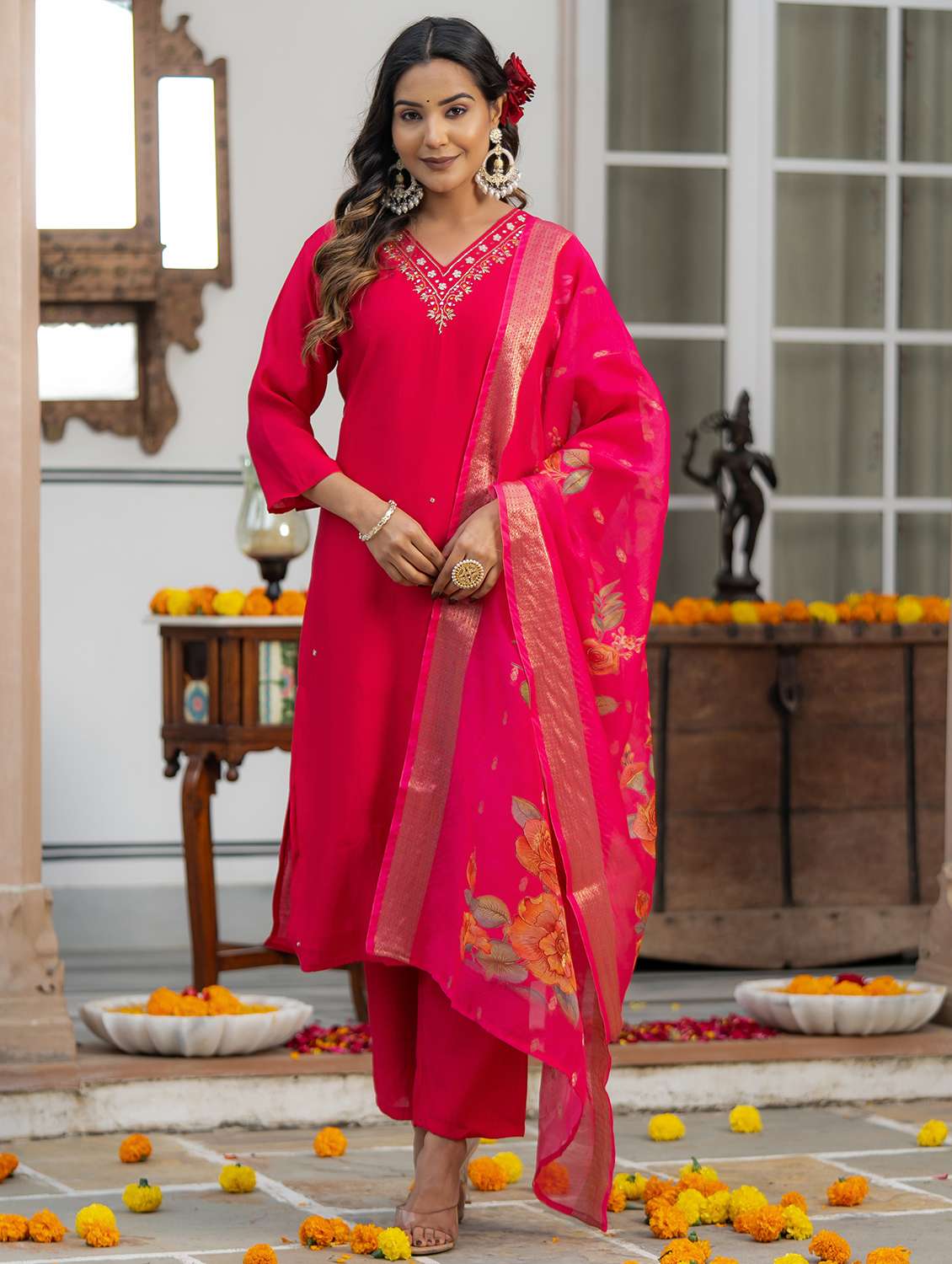 women solid with work three quarter sleeve kurta pant with dupatta set