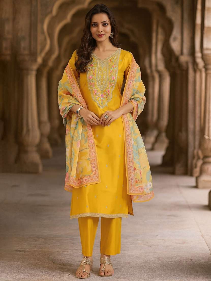 women solid with work three quarter sleeve kurta pant with dupatta set