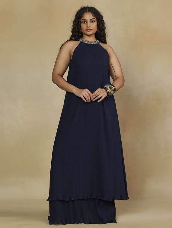 women solid halter neck sleeveless layered dress