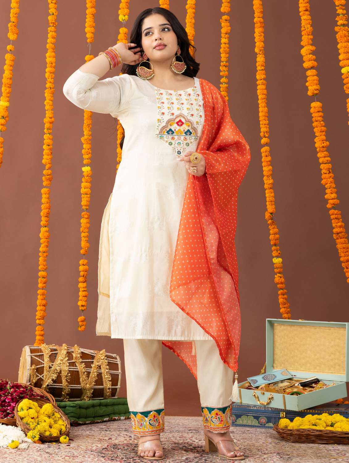 women plus size three quarter sleeve kurta pant with dupatta set