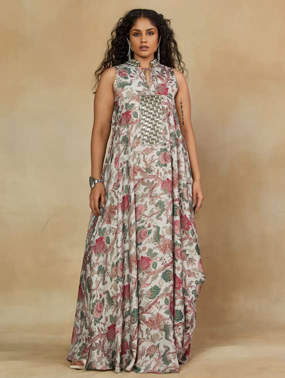 women floral sleeveless asymmetric ethnic dress