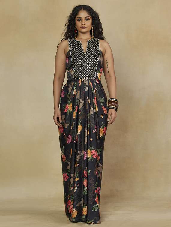 women floral sleeveless asymmetric ethnic dress