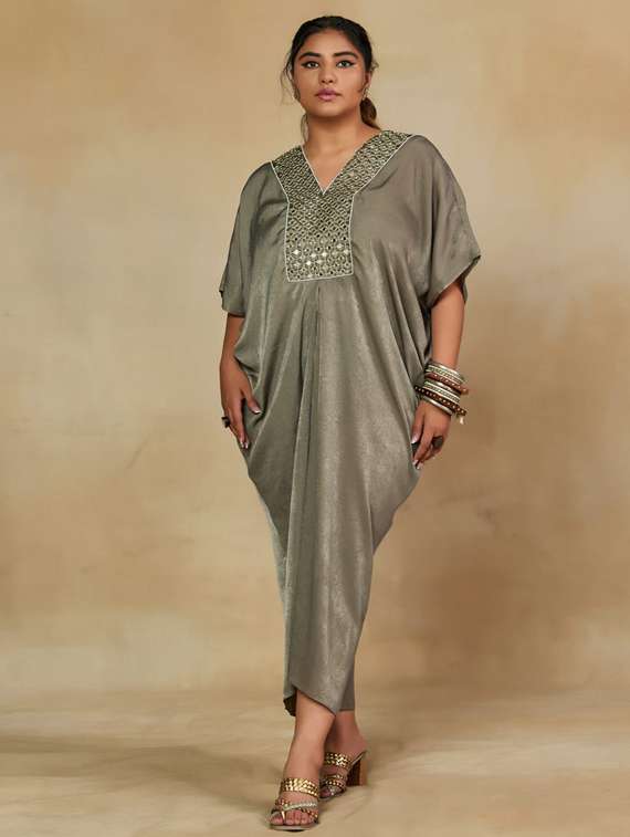 women solid with work v neck asymmetric ethnic dress