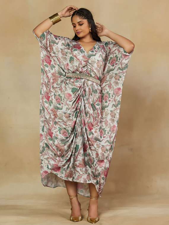women floral print kimono sleeve kaftan dress