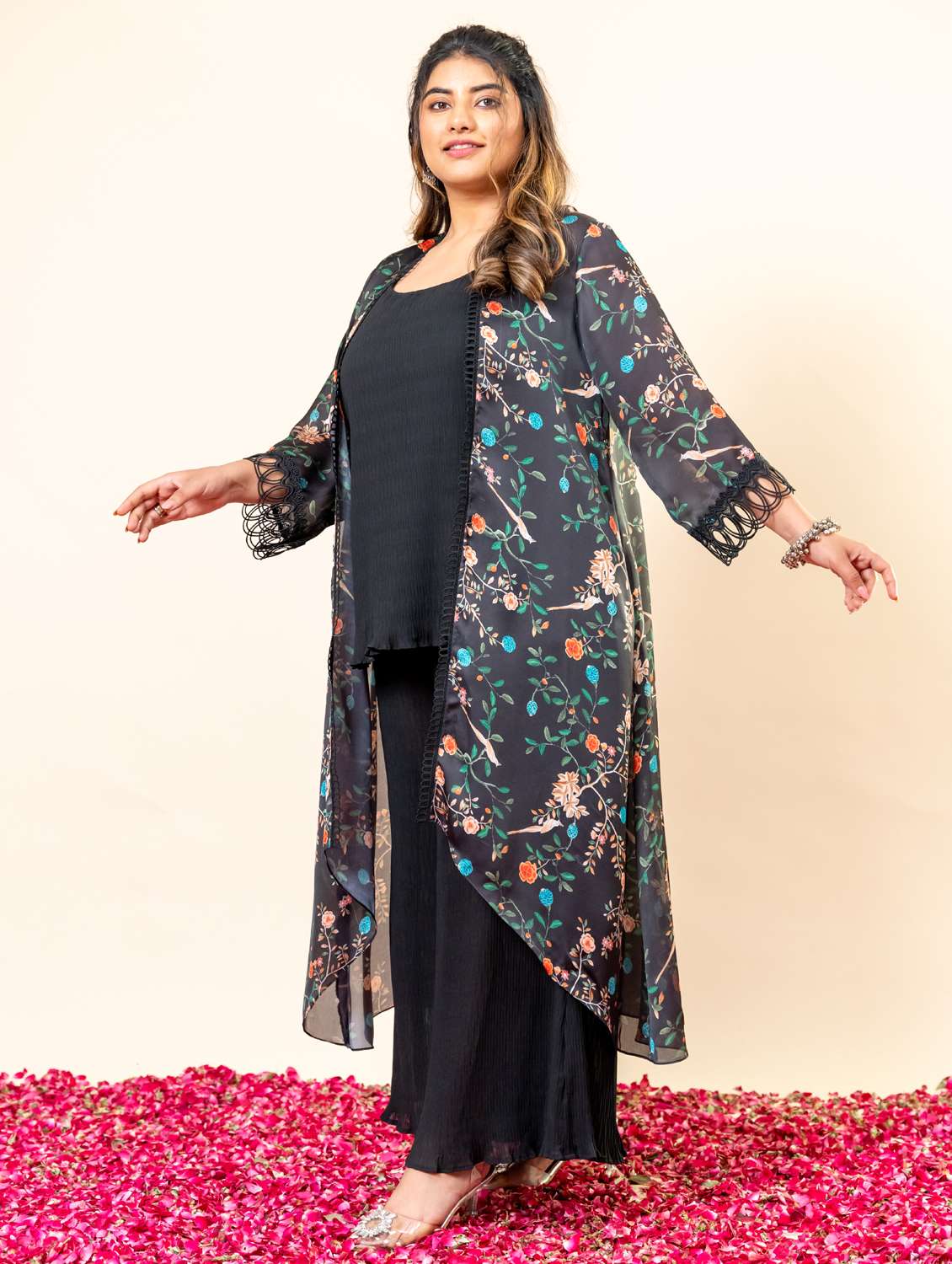 women plus size floral three quarter sleeve fusion set - 22238815 -  Standard Image - 3