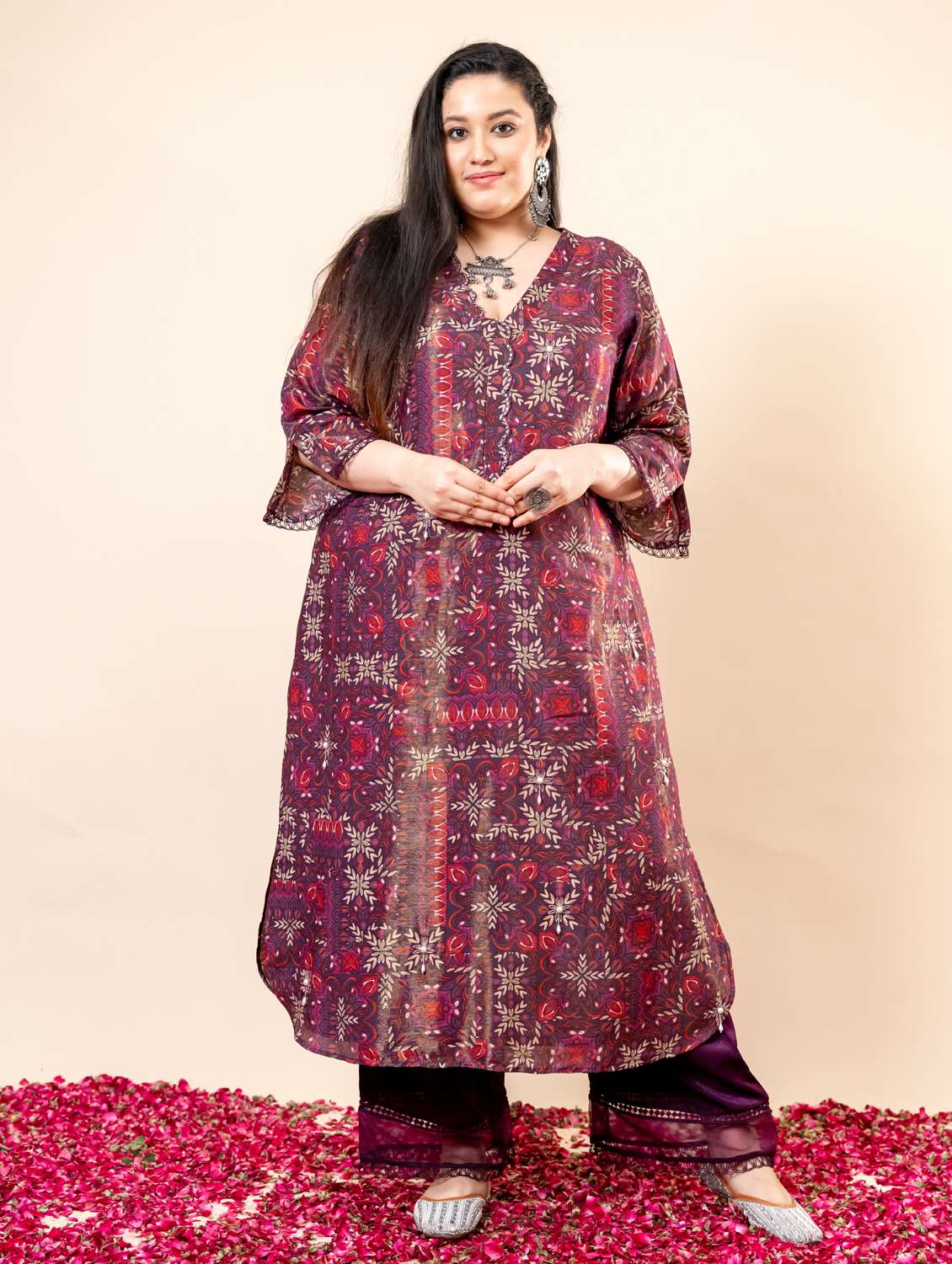 women plus size printed three quarter sleeve kurta palazzo set