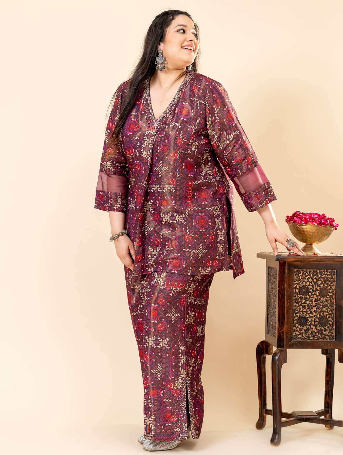 women plus size printed three quarter sleeve ethnic co-ord set