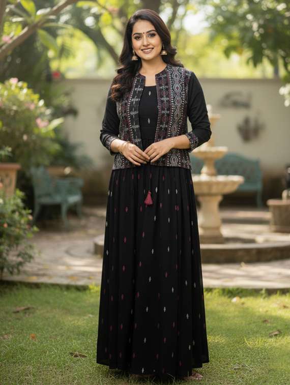 women printed three quarter sleeve flared ethnic dress