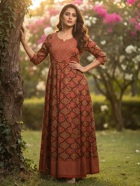 women printed three quarter sleeve flared ethnic dress