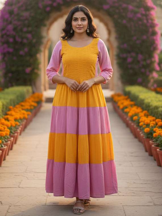 women color block puff sleeve tiered maxi dress - 22238824 -  Zoom Image - 0