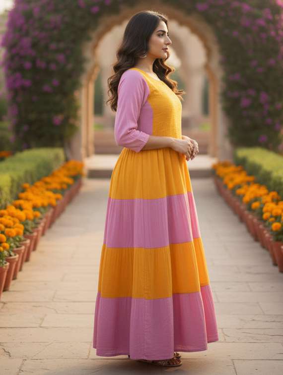 women color block puff sleeve tiered maxi dress - 22238824 -  Standard Image - 3