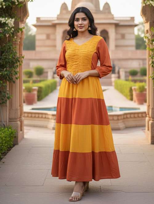 women color block puff sleeve tiered maxi dress - 22238825 -  Standard Image - 0