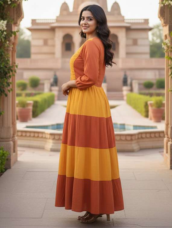 women color block puff sleeve tiered maxi dress - 22238825 -  Standard Image - 3