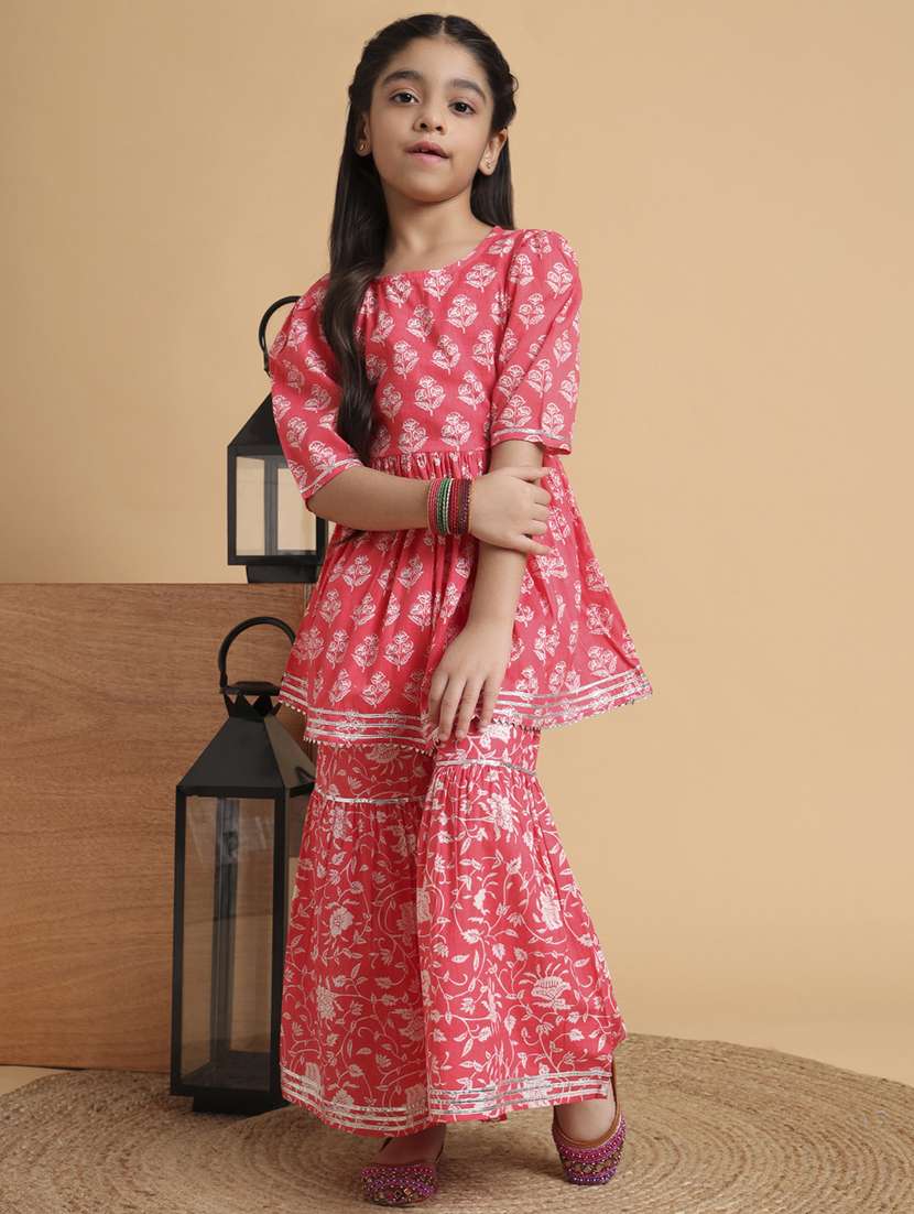 girls printed kurta and sharara set 