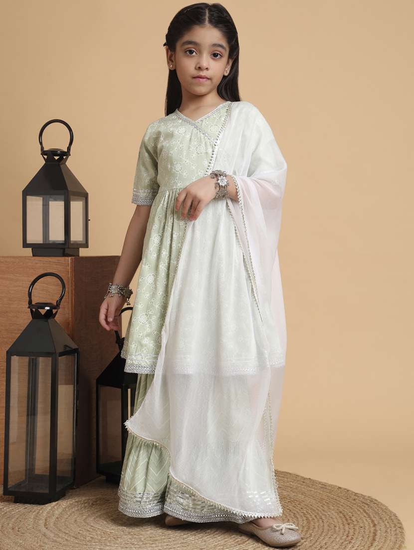 girls printed kurta and sharara with dupatta set