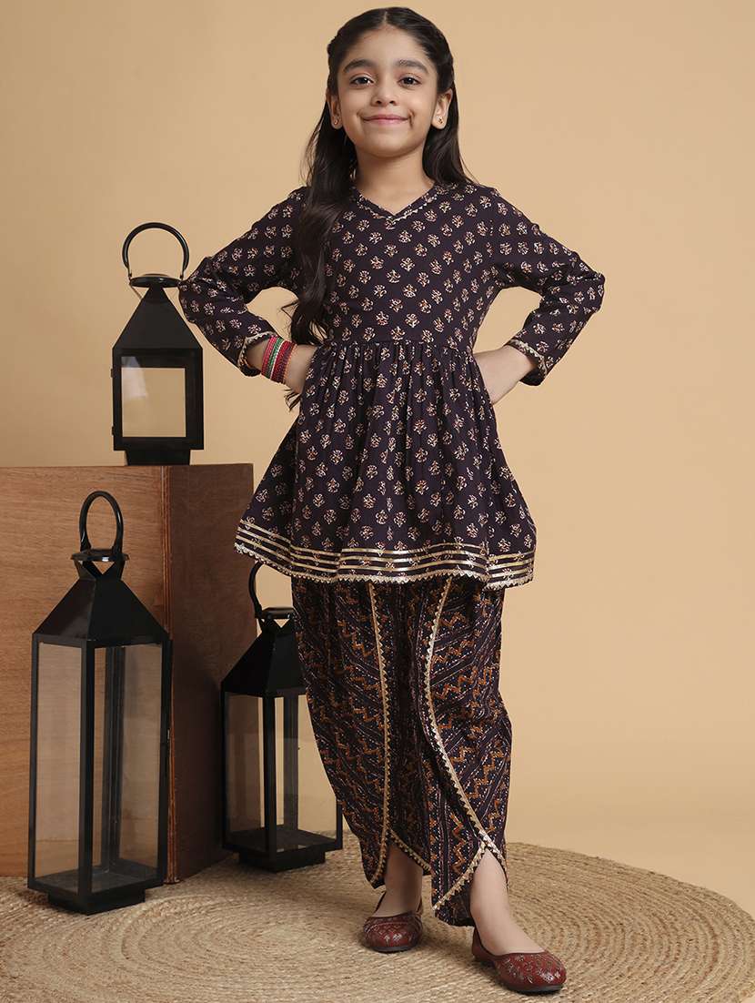 girls printed kurta and dhoti set