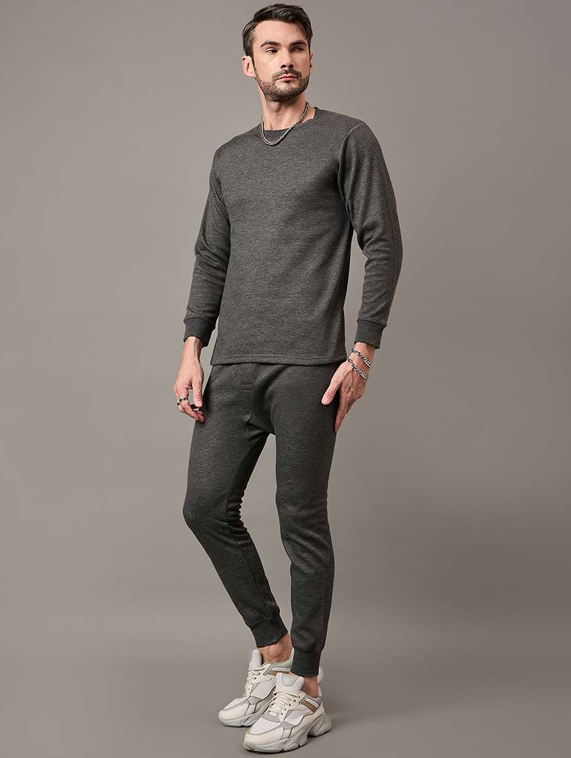 men solid round neck full length thermal set