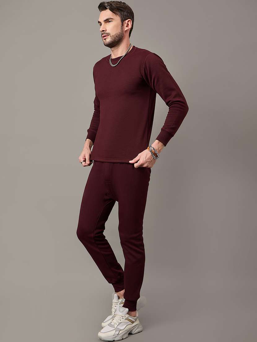 men solid round neck full length thermal set