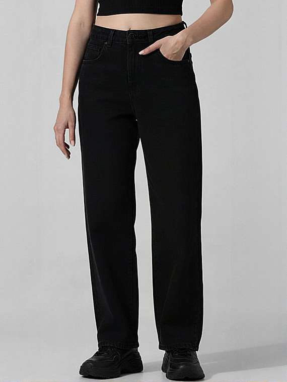 women solid high rise straight fit jean