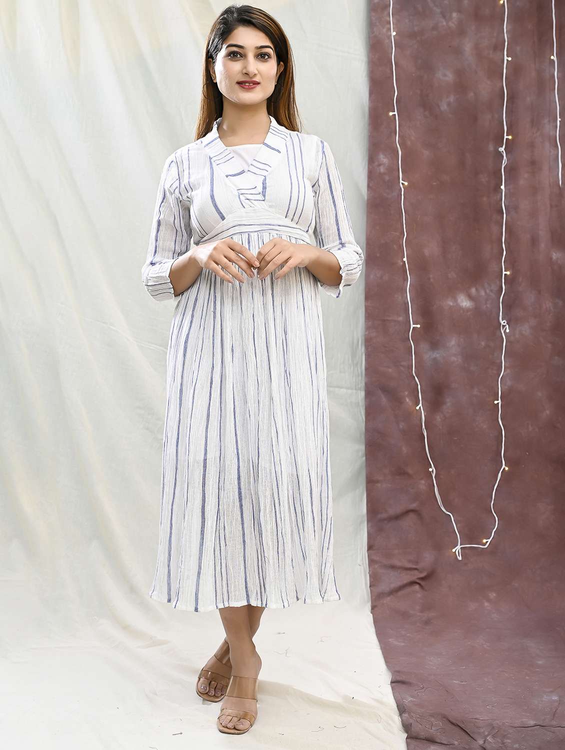 women striped three quarter sleeve fit & flare dress - 22239271 -  Standard Image - 3