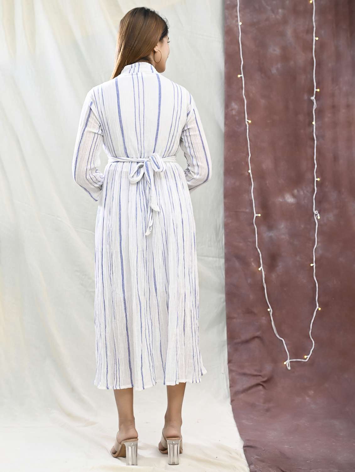 women striped three quarter sleeve fit & flare dress - 22239271 -  Standard Image - 5