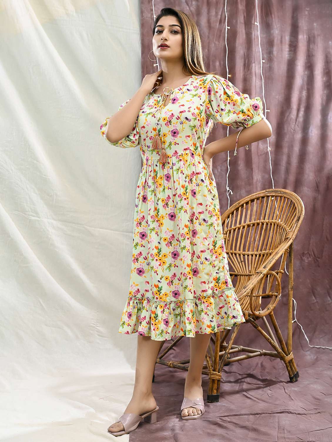 women floral print puff sleeve tiered dress