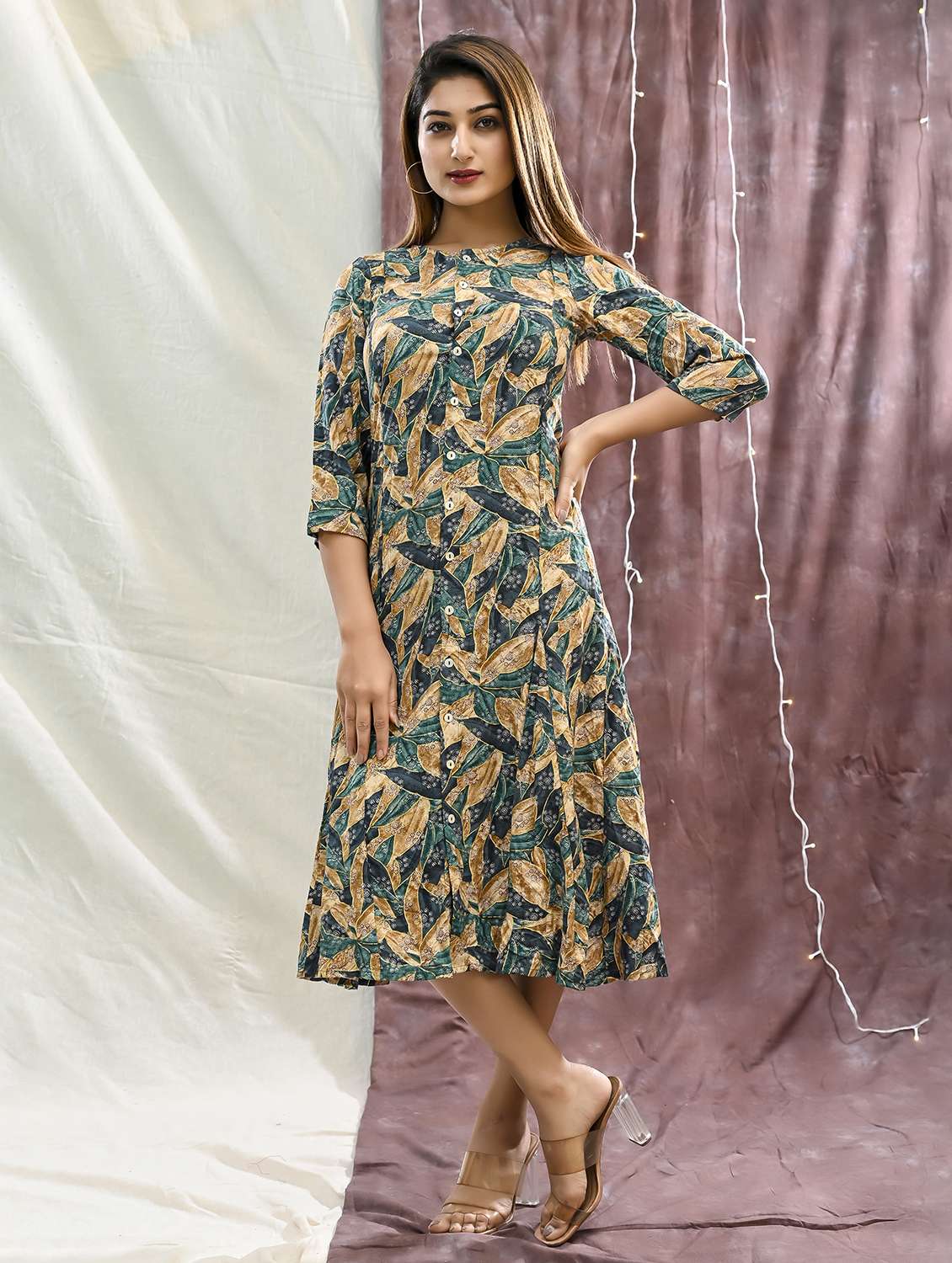 women printed three quarter sleeve shirt dress - 22239273 -  Standard Image - 3