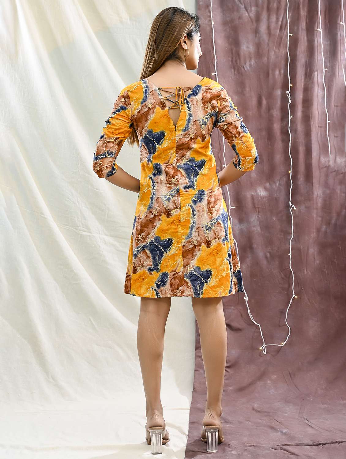 women printed three quarter sleeve a-line dress - 22239274 -  Standard Image - 3