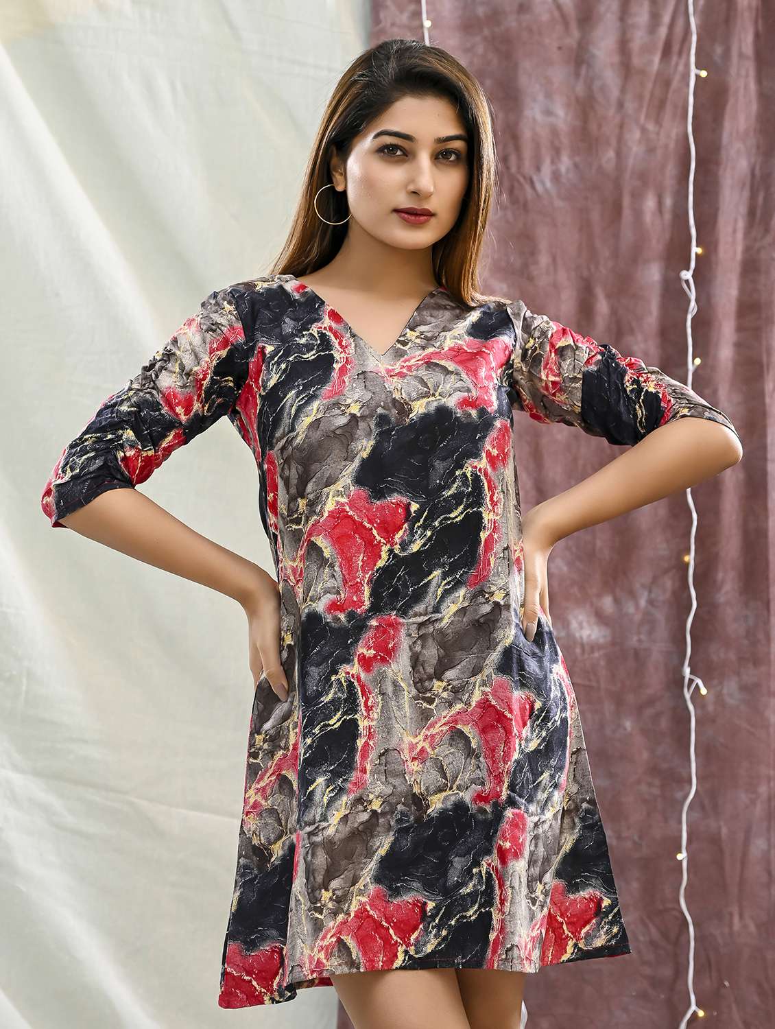 women printed three quarter sleeve a-line dress - 22239275 -  Standard Image - 3