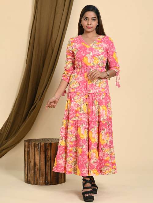 women printed three quarter slevee tiered dress - 22239280 -  Standard Image - 0