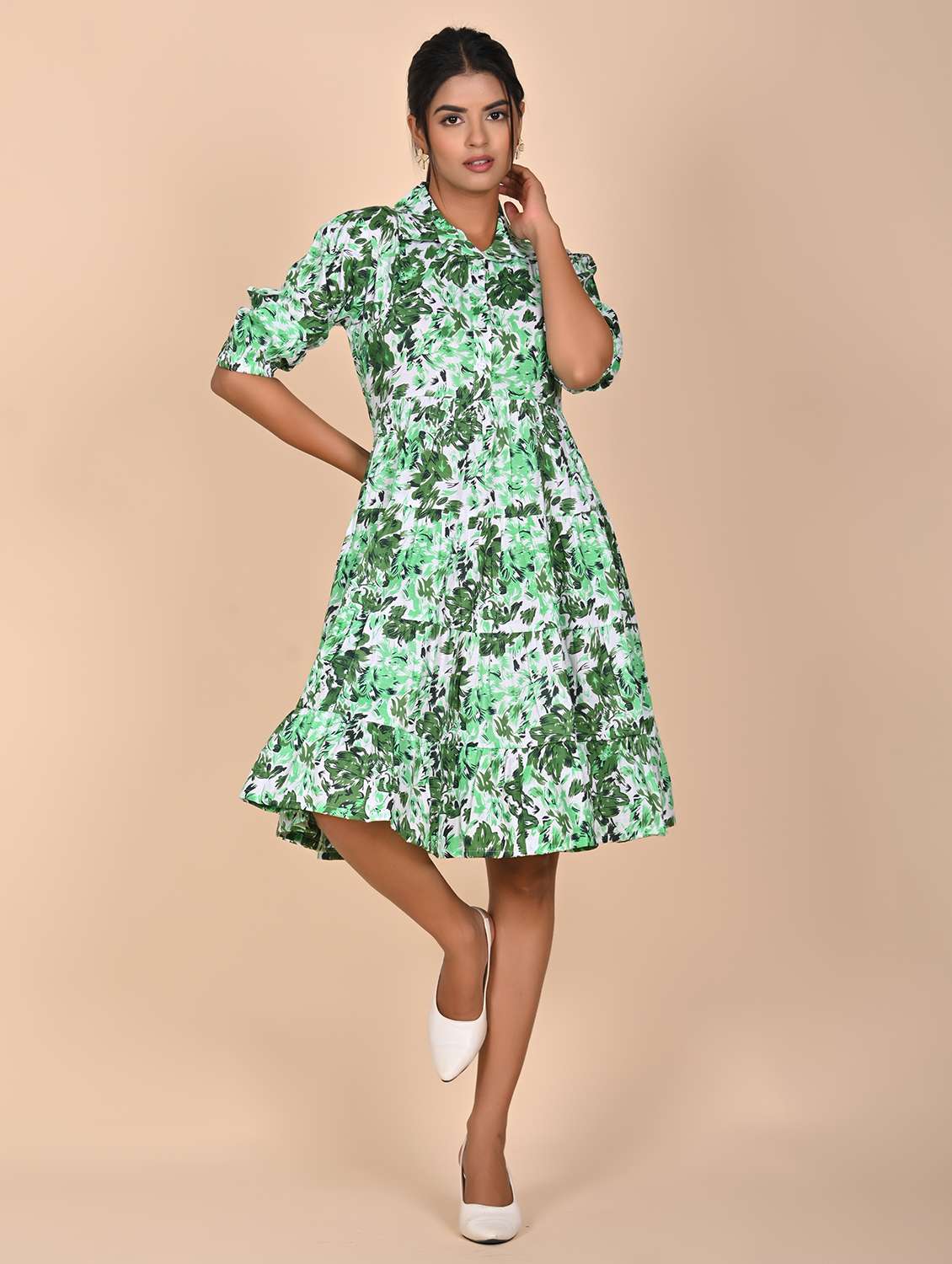 women printed three quarter slevee tiered dress
