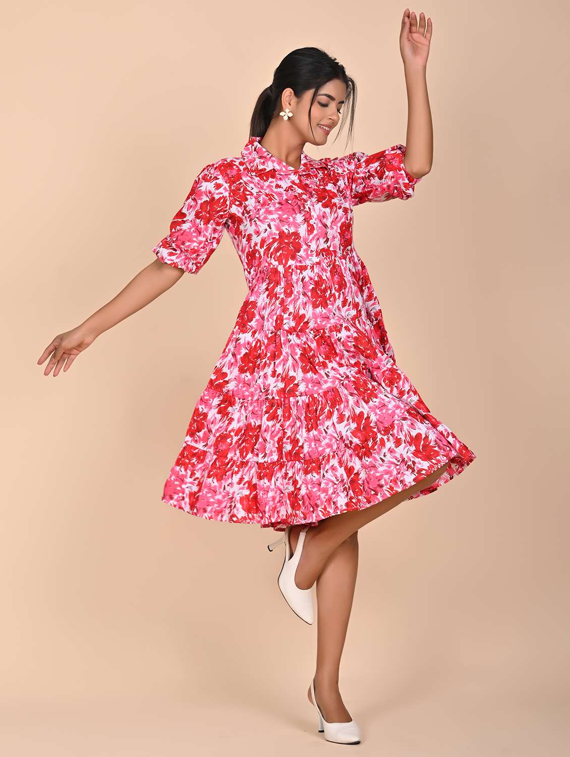 women printed three quarter slevee tiered dress - 22239282 -  Standard Image - 5