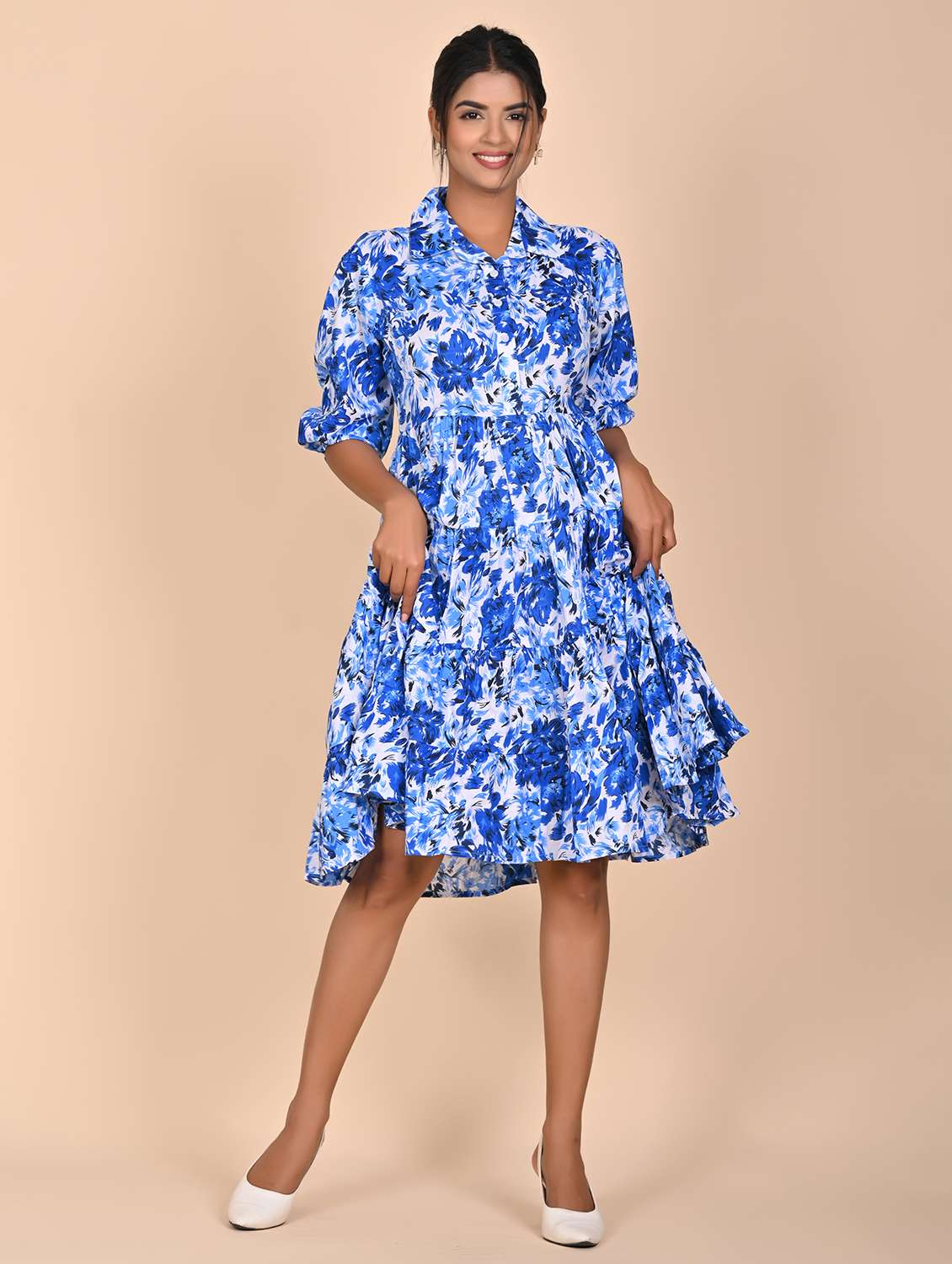 women printed three quarter slevee tiered dress