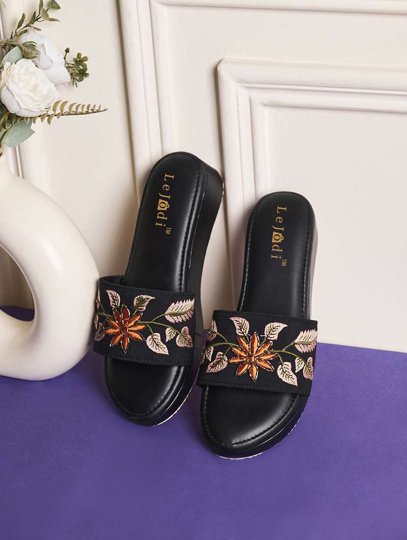 women embroidered slip on platform wedges