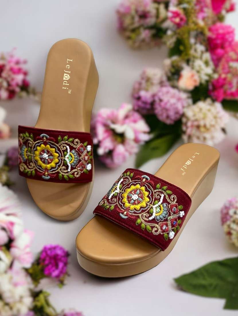 women embroidered slip on platform wedges