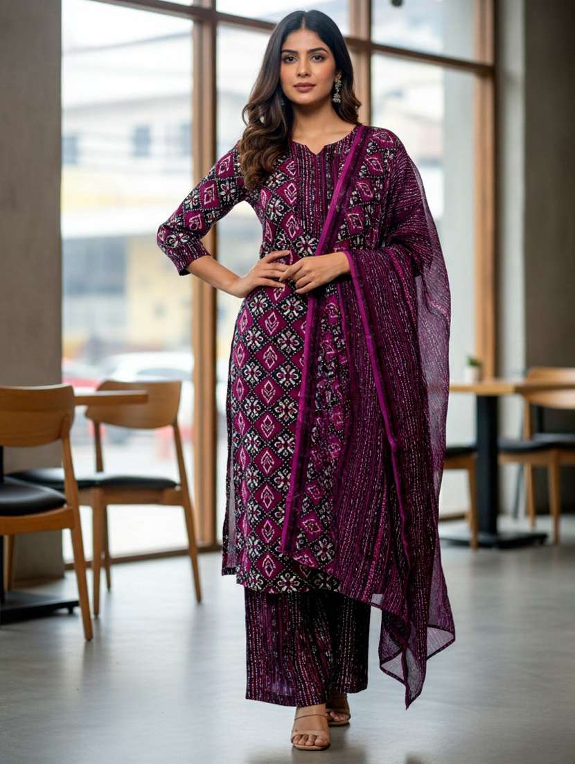 women printed three quarter sleeve kurta pant with dupatta set