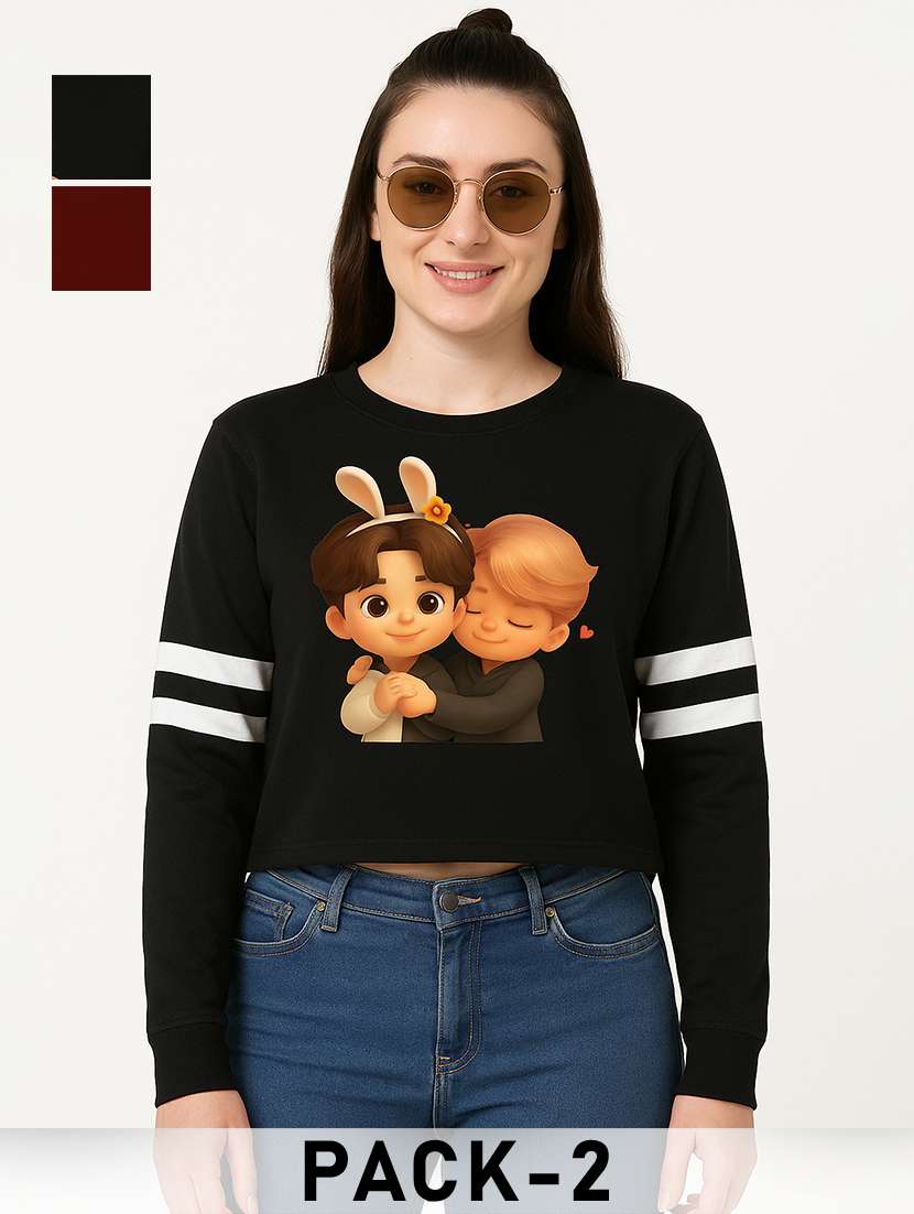 women pack of 2 printed long sleeve crop sweatshirt