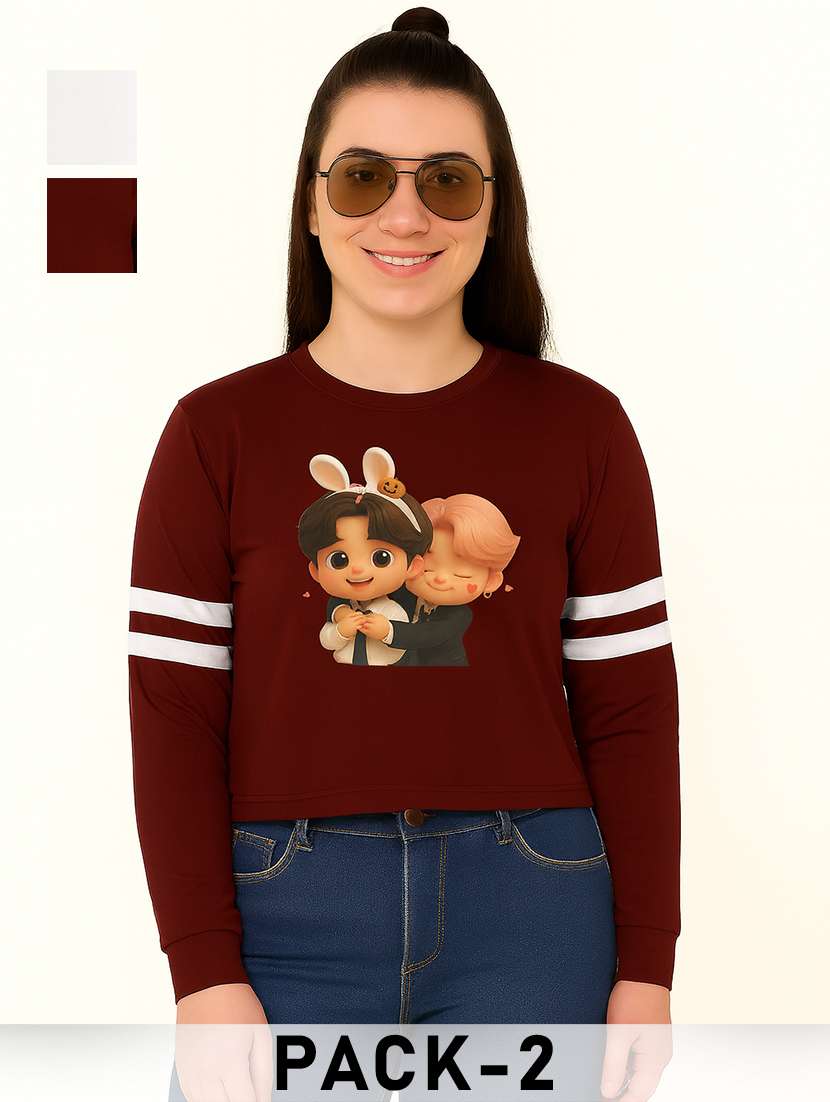 women pack of 2 printed long sleeve crop sweatshirt