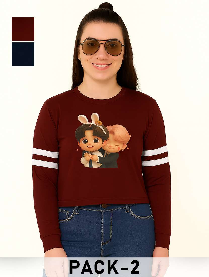 women pack of 2 printed long sleeve crop sweatshirt