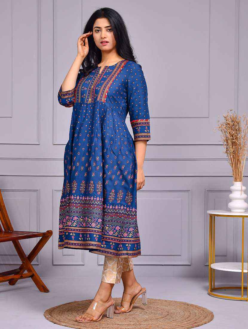 women printed three quarter sleeve flared kurta - 22239684 -  Standard Image - 3