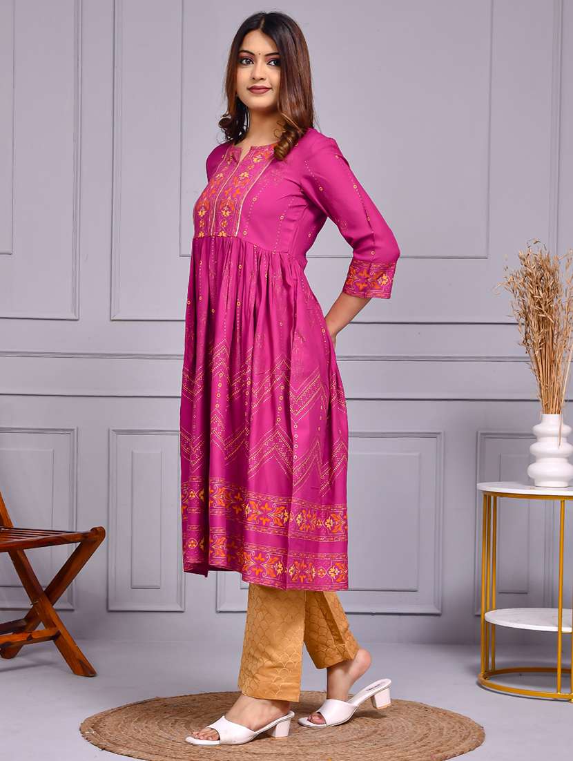 women printed three quarter sleeve flared kurta - 22239686 -  Standard Image - 3