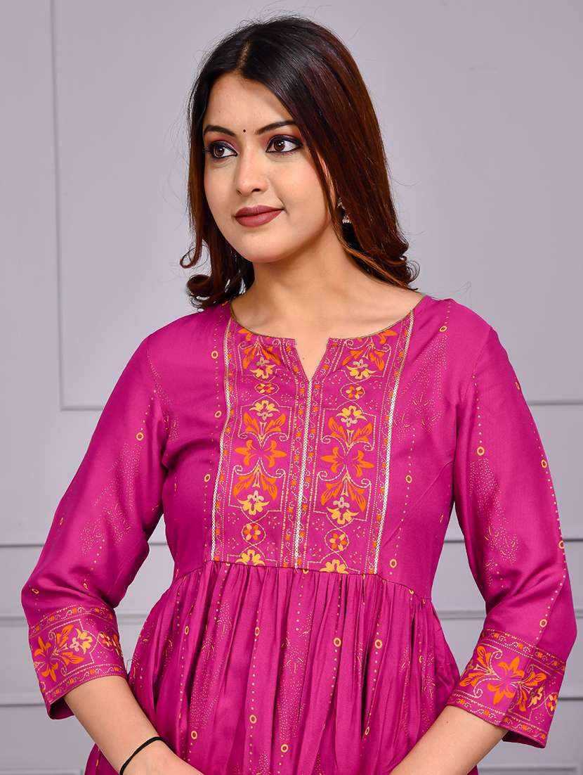 women printed three quarter sleeve flared kurta - 22239686 -  Standard Image - 5