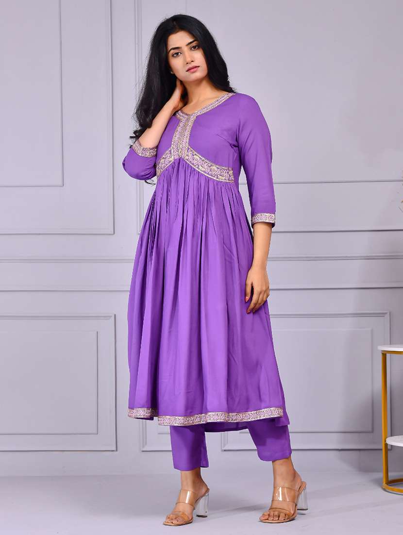 women solid with work three quarter sleeve flared kurta - 22239689 -  Standard Image - 3