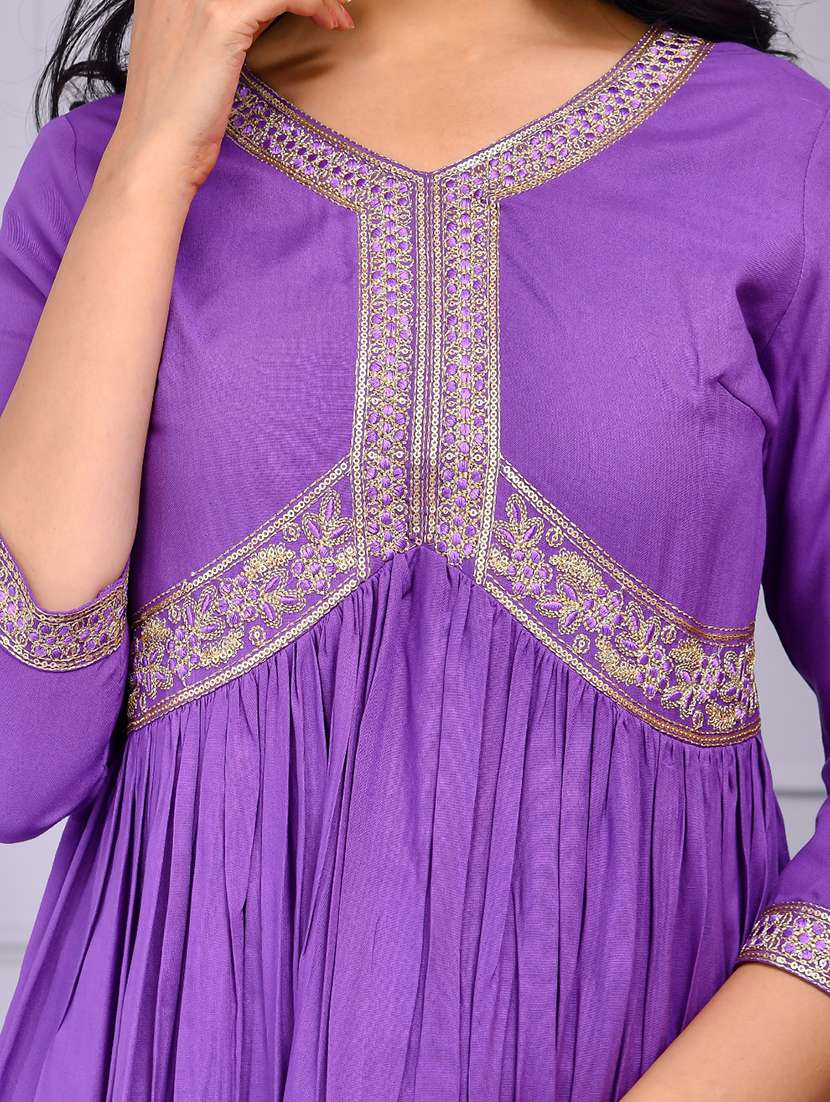 women solid with work three quarter sleeve flared kurta - 22239689 -  Standard Image - 5