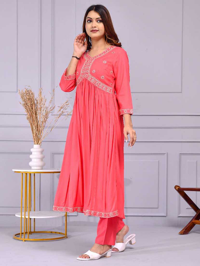 women solid with work three quarter sleeve flared kurta - 22239690 -  Standard Image - 3
