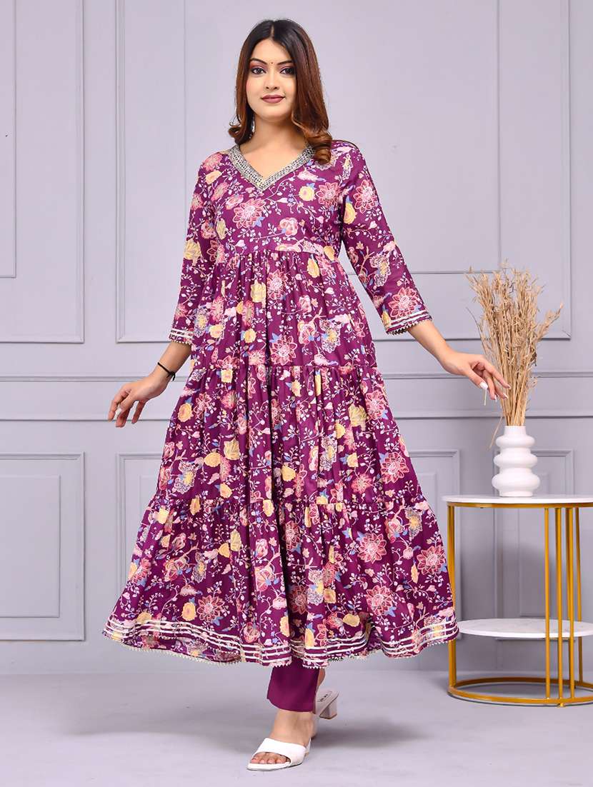 women floral three quarter sleeve flared kurta
